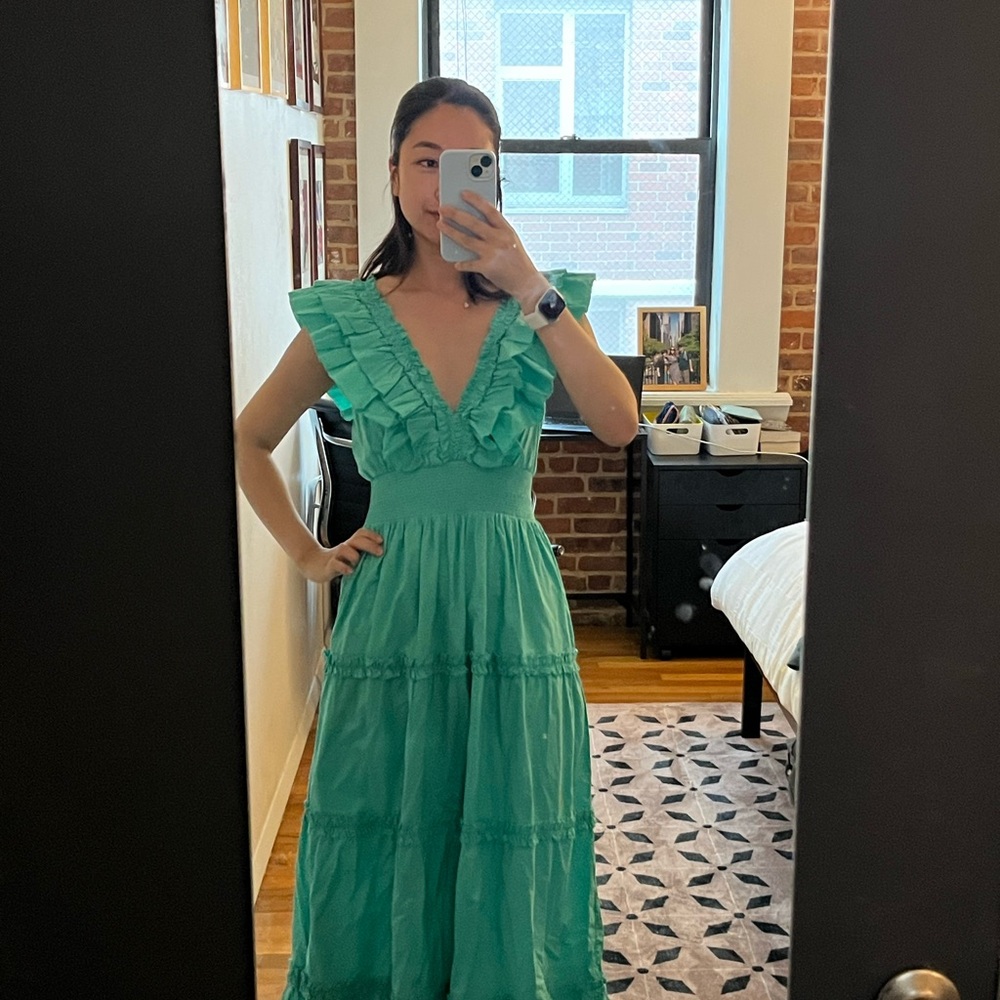 Brand new Love the Label mint blue Ruffled-collar V neck tiered midi dress